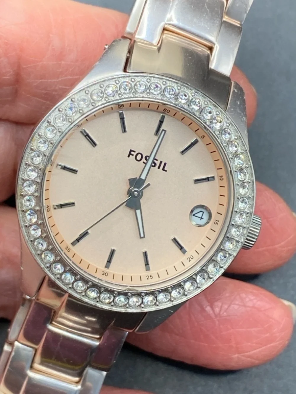 FOSSIL Stella Rose Silver-Tone Watch Blush Dial Pave Crystal Bezel ES-2976 31mm